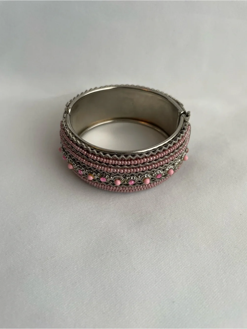 5 Chunky Bracelet Lot Boho Hippie Silvertones Pink White Flower